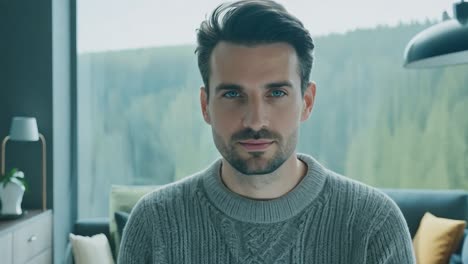 portrait of a man sitting in his living room looking at the camera