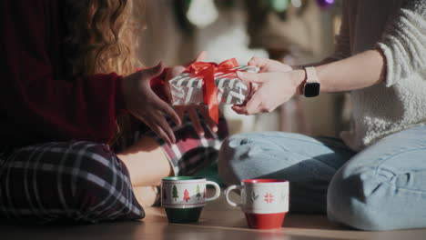 mujer dando regalo de navidad a la hermana emocionada mientras estaba sentada en el suelo en casa