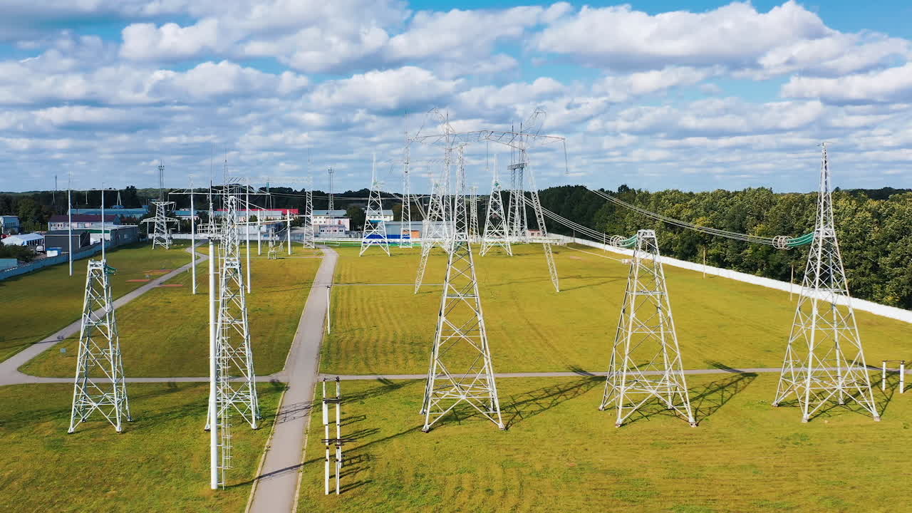Long-range energy high voltage transmission. Electric transformers wires and grid.