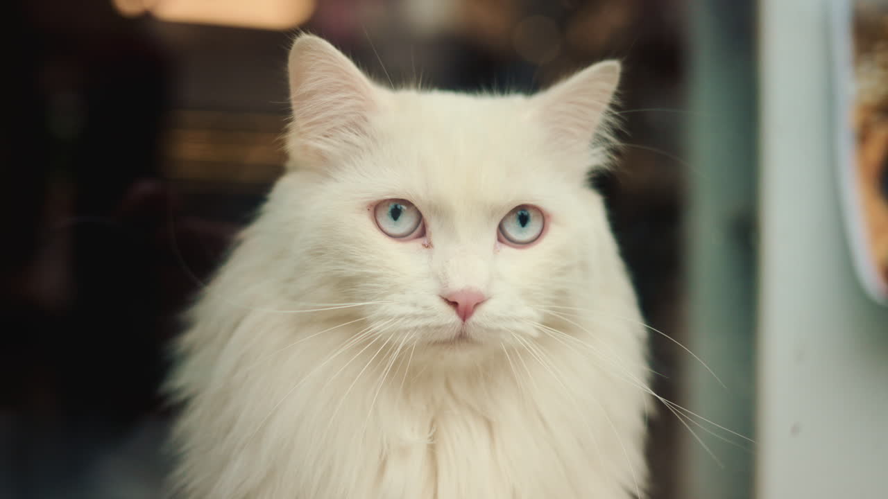 水色の瞳を持つ白い長毛の猫が、カメラをまっすぐ見ているポートレート