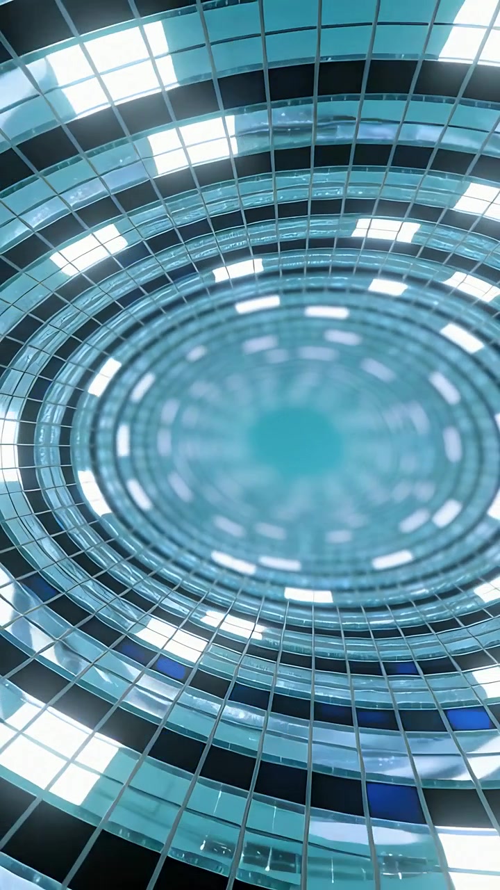 Video verticale: Telecamera che si inclina mostrando una cupola rotonda piastrellata nella hall, rivelando pannelli illuminati per mostrare una griglia.