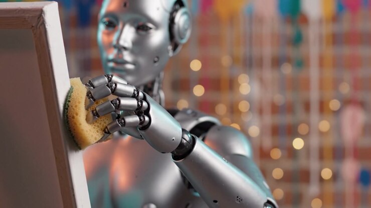 Robot artista crea un capolavoro: L'evoluzione della creatività tramite tecnologia e innovazione, mentre lavora con una spugna su una tela.