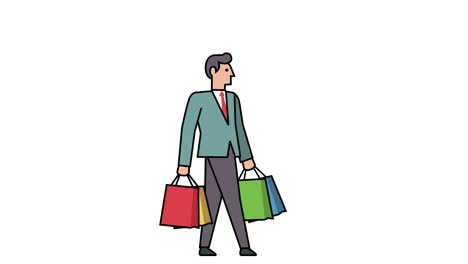 ciclo de caminata de personaje de hombre de negocios con animación de venta de bolsas de compras. figura de palo plano de estilo lineal pictograma de color con luma mate