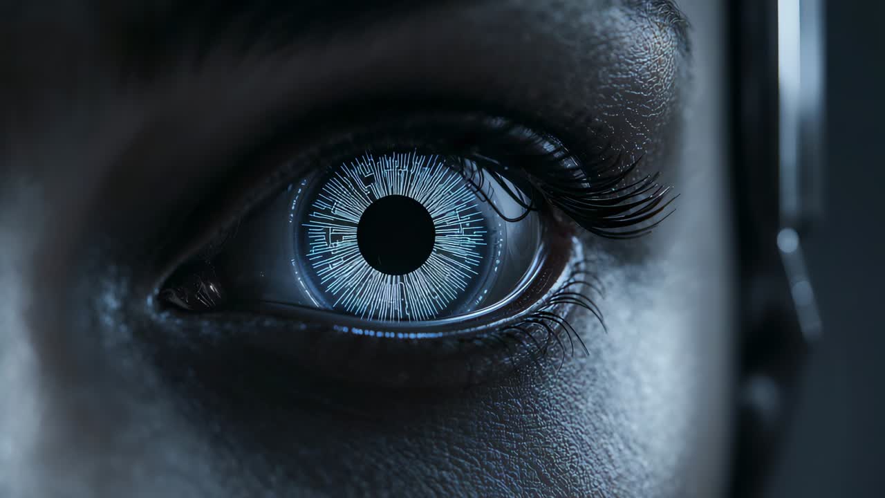 Activating right eye implant responding to signal at lab, scanning with radial circuitry