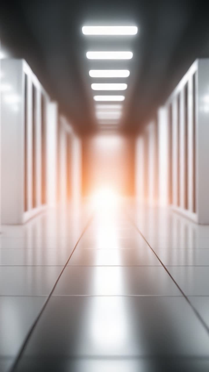 Uno sguardo al moderno data center: La prospettiva accattivante di un corridoio di server futuristico illuminato da una luce distante.
