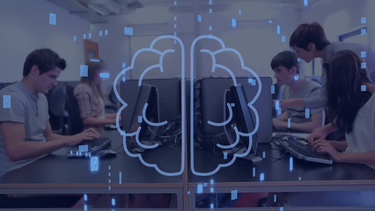컴퓨터를 사용하는 다양한 사람들을 통해 ai 데이터 처리를 가진 회로 보드의 애니메이션