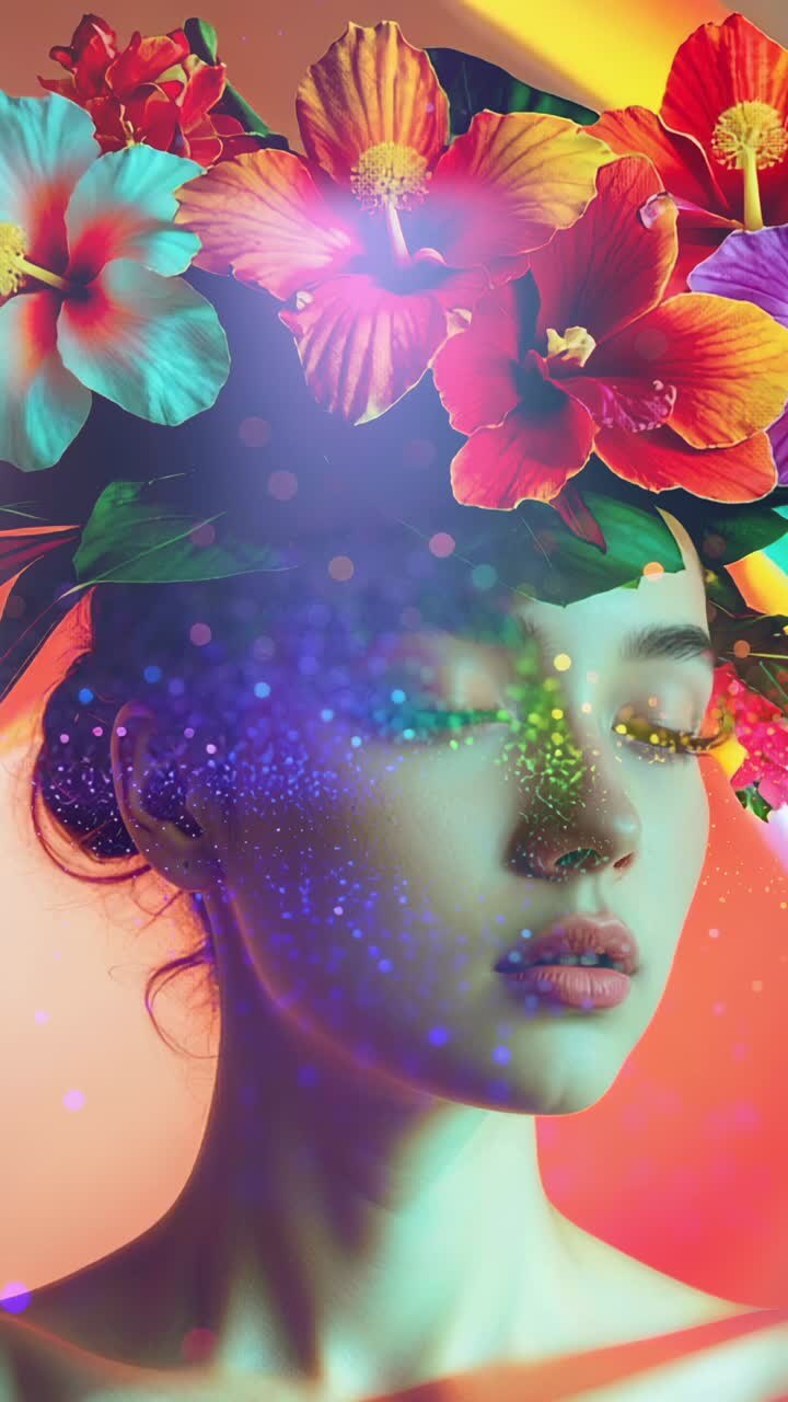 Vertical video: Lighting shifting woman turning head in studio, with flower crown and particles