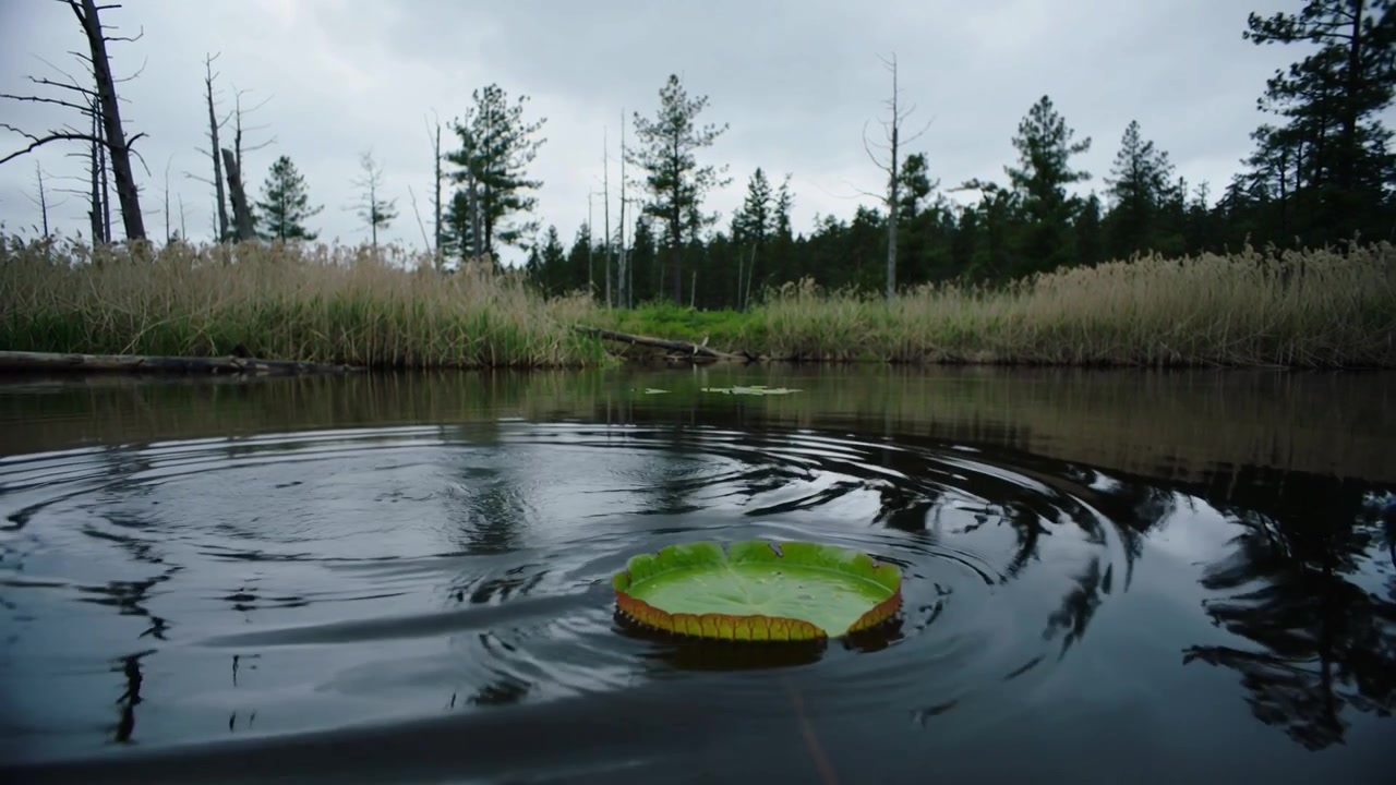 Sending mid pond disturbance creating circular ripples across marsh pond, nudging large lily pad