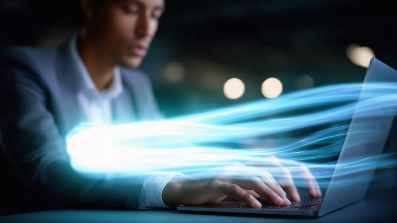 A focused individual engages with a laptop in a modern workspace, showcasing dynamic light trails symbolizing digital connectivity and technological advancement