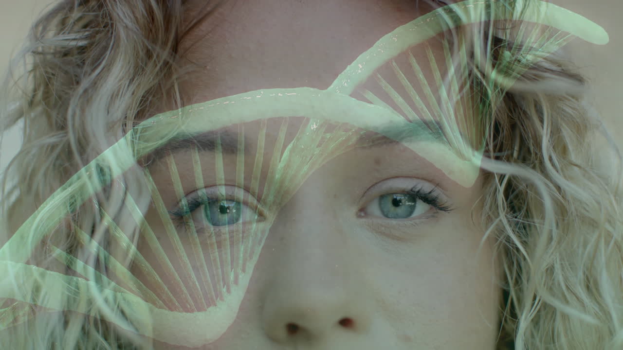 DNA strand animation over close-up of person eyes, highlighting genetic research