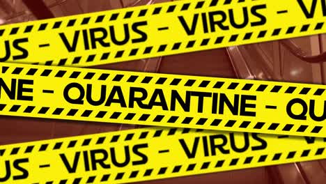 Worte-„Quarantäne“-Und-„Virus“-Auf-Gelbem-Band-über-Einer-Leeren-Rolltreppe-Im-Hintergrund-Geschrieben.