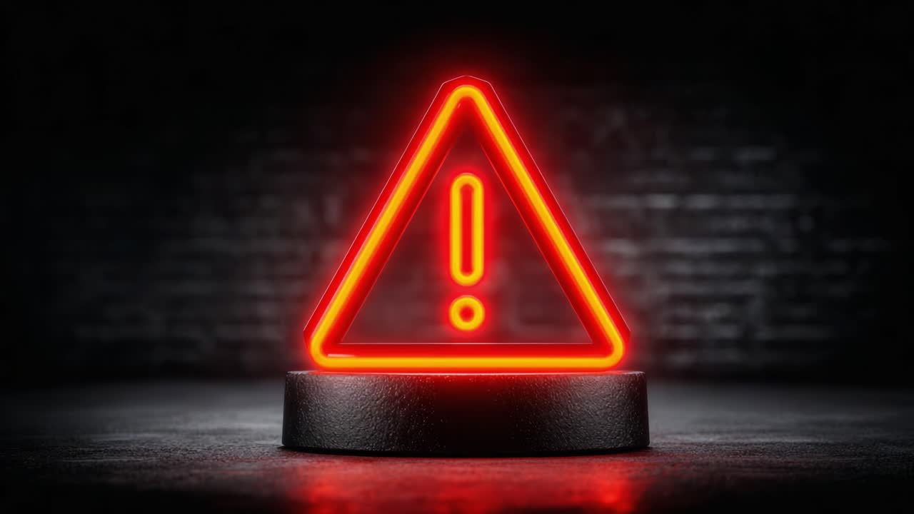 Illuminated Neon Warning Sign in a Dark Environment Emphasizes Caution and Alerts With a Striking Red Triangle and Exclamation Mark, Perfect for Safety Themes
