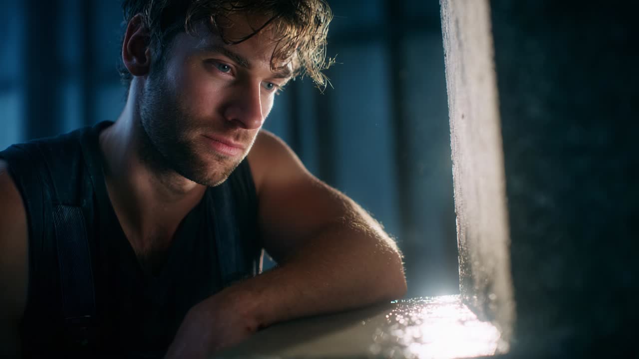 In a moment of introspection, a young man leans against a surface, lost in thought, his facial expression reflecting a deep sense of contemplation and emotion in a dimly lit setting with soft lighting