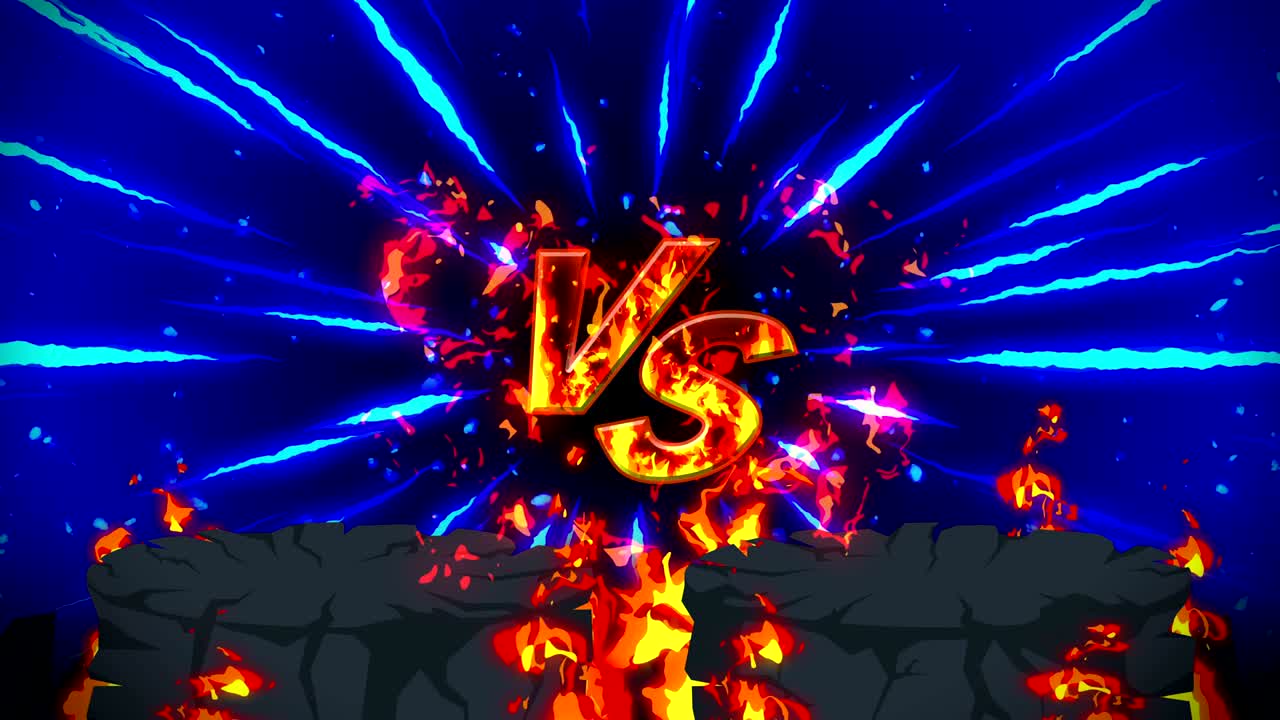 만화 화재 애니메이션. 불꽃 루프 배경. 경쟁. 전투 게임. 아이콘에 대항. 아이콘과 대결.