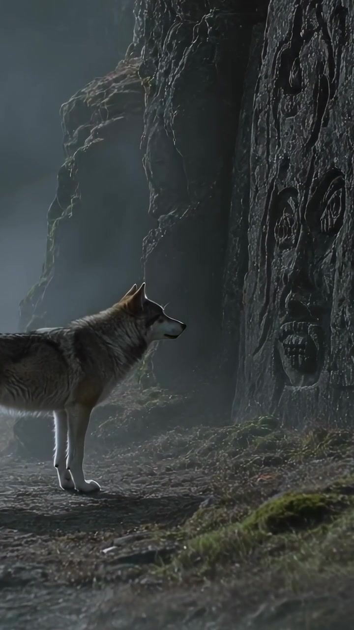 Vertical video: Walking into view from left, lone wolf investigating carved cliff faces in mist