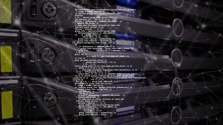 Анимация сети соединений и обработки данных на фоне серверной комнаты.
