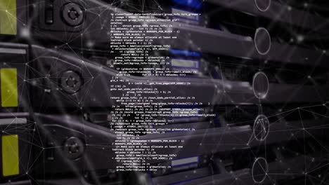 animation of network of connections and data processing over server room