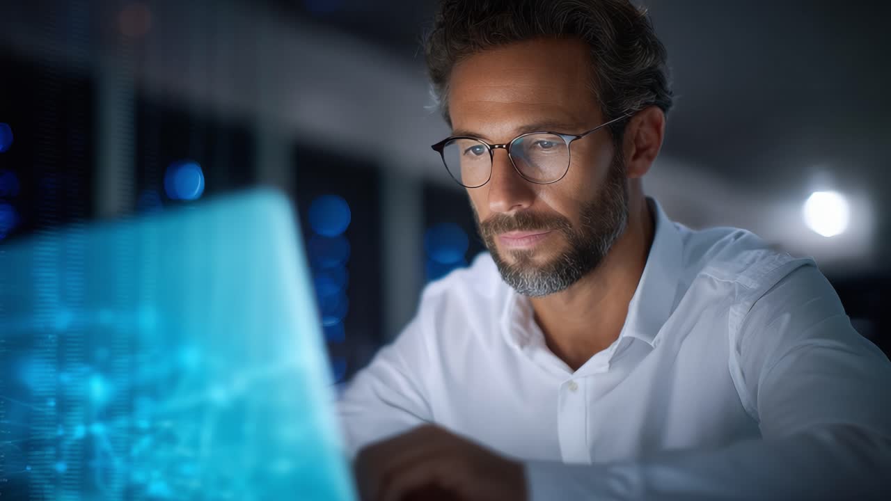Focused Professional Analyzing Data on Laptop Screen with Glowing Digital Interface in a Modern Office Environment at Night