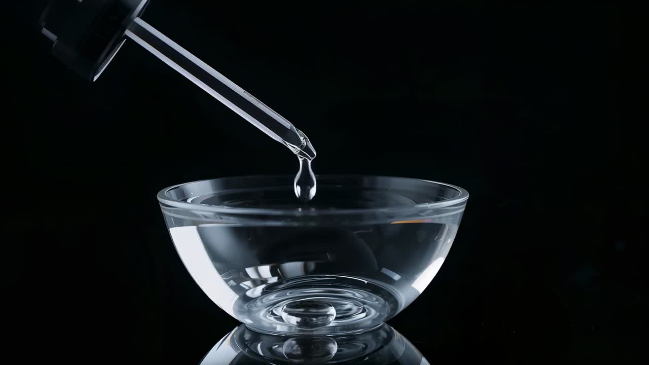 Forming droplet from glass pipette in studio, detaching and falling into bowl creating ripples, jet