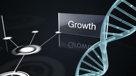 animatie van een dna-streng over een netwerk van verbindingen op een donkere achtergrond