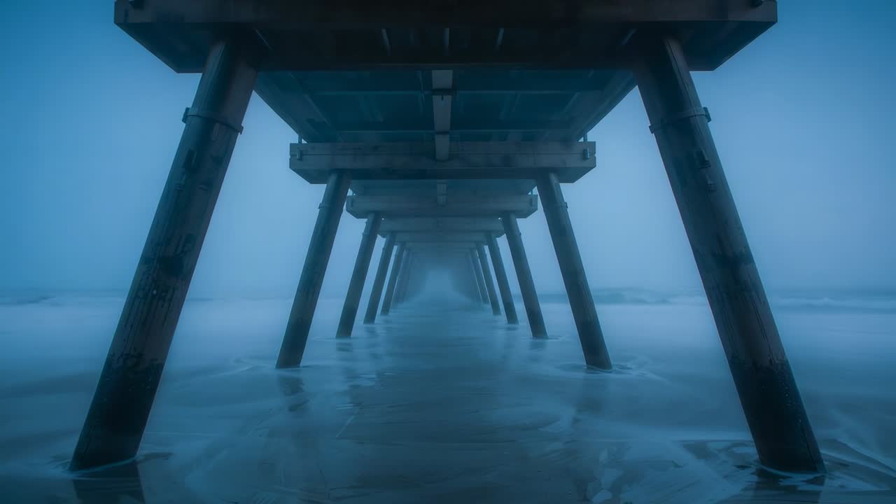 Strudelndes, flaches Meerwasser, das sich um Holzpfähle unter einem Steg an der Küstenlinie bewegt, von den Gezeiten geschoben.