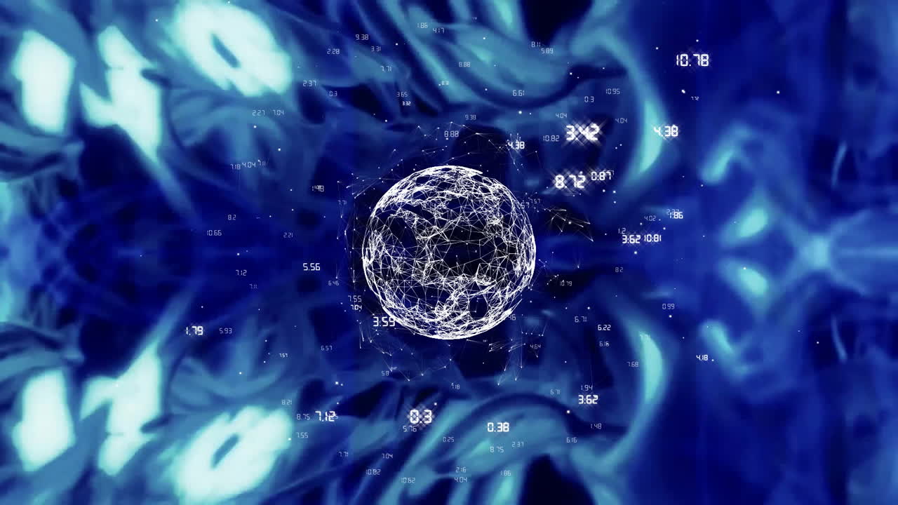 procesamiento de datos numéricos y conexiones de red, animación de globo sobre fondo azul