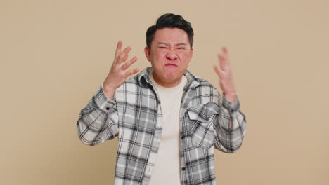 man having quarrel irritation displeasure blaming scolding for failure asking why this happened