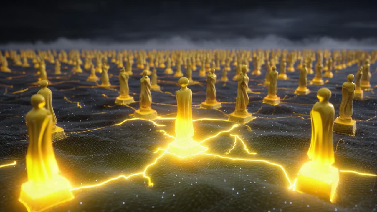 A Stunning Visualization of Golden Statues in a Dynamic Landscape, Showcasing the Intricate Interplay of Light and Shadow Amidst a Network of Shimmering Surfaces