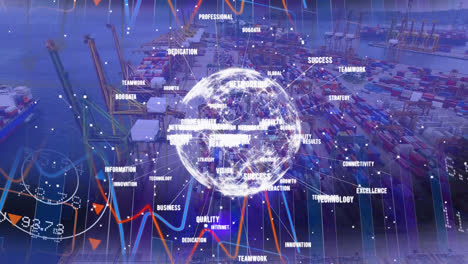 Animation-of-network-of-connections-over-drone-with-parcel-over-shipyard