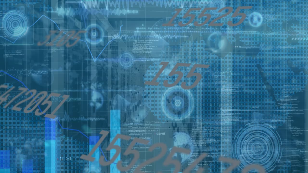Animation of data processing with graphs and charts on interface over computer server room