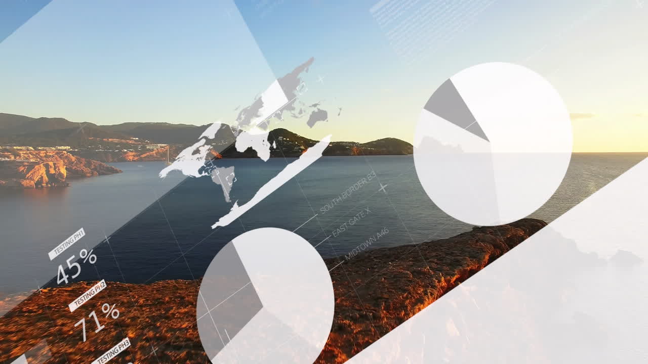 World map and data charts animation over coastal landscape at sunset
