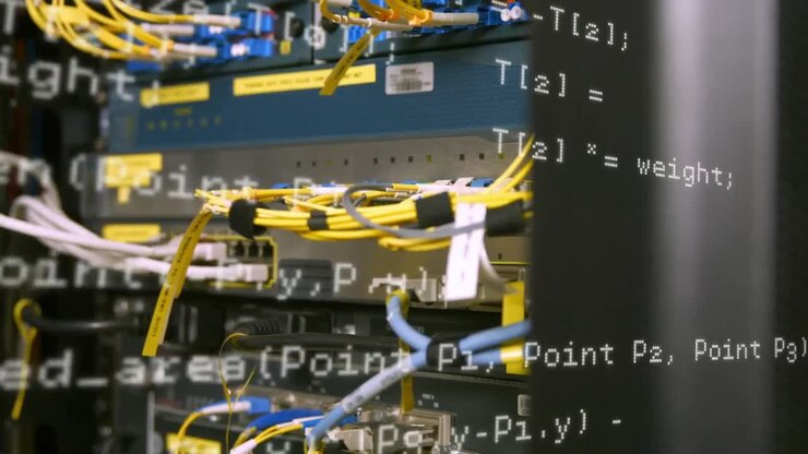 Animation of data processing over close up of computer server