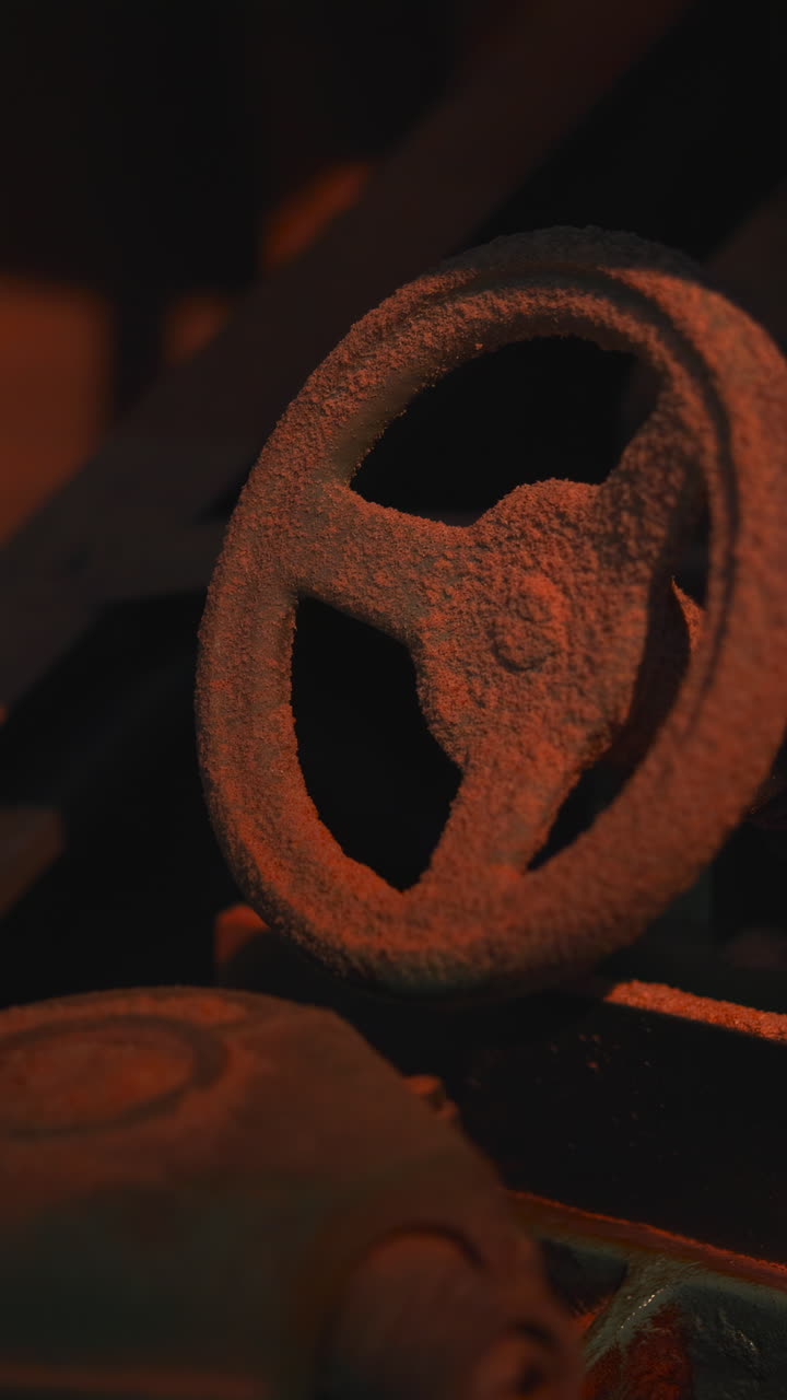 Rustent håndhjul på en gammel maskine oplyst af varmt orange lys, korroderet metal, rem og monteringsplade. Medie.