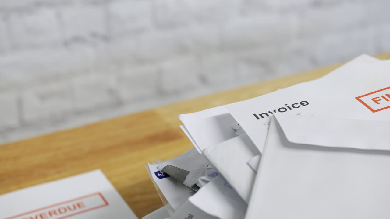 cierre de un montón de facturas y cartas con un aviso final de factura