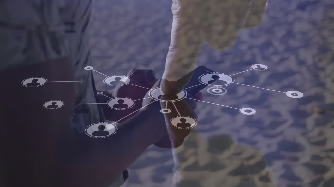 Touching smartphone, animation of network connections and data processing overlay