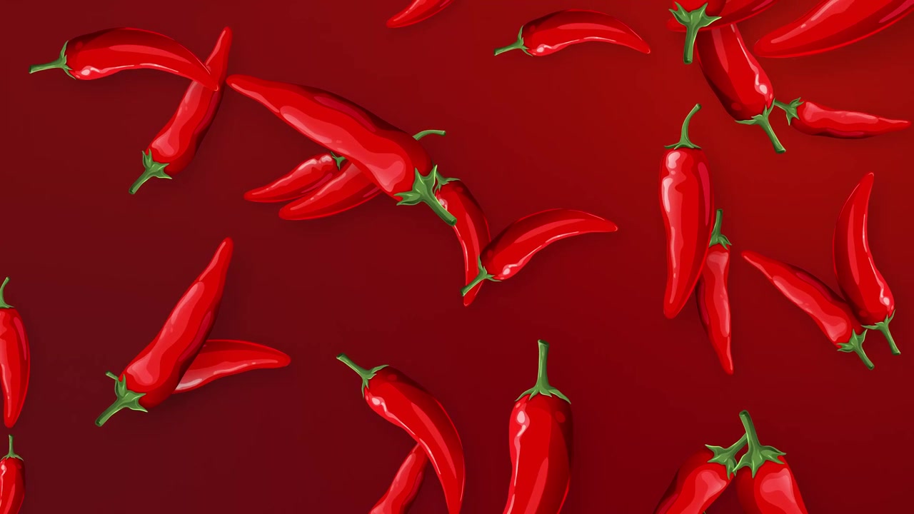 Animated red chili peppers fall and tumble across a matching red gradient background.