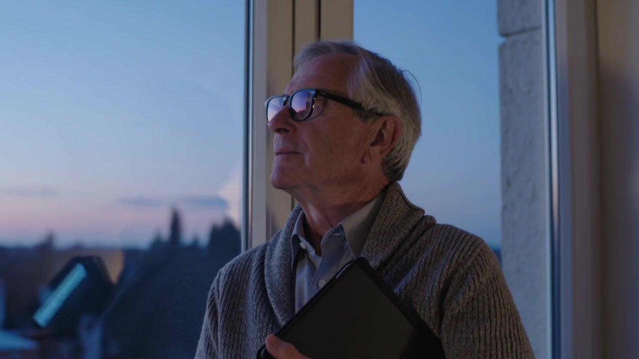 Turning senior man rotating head as dusk deepens at window, holding tablet, wearing cardigan, specs