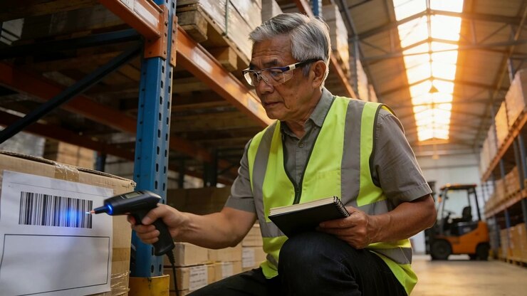 Spotting barcode, Asian man kneeling at depot in vest, scanning with scanner and notebook