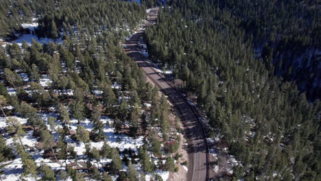 tilt-up-on-a-winding-mountain-road-in-the-forest-surrounded-by-pine-trees,-drone-shot