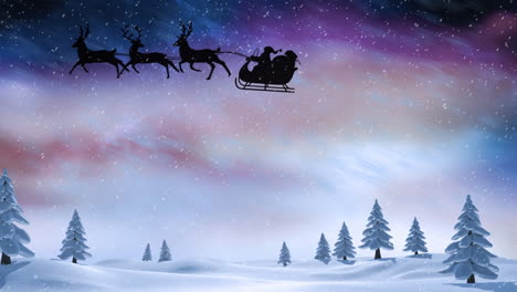 Animation-Von-Schnee,-Der-Auf-Den-Weihnachtsmann-Im-Schlitten-Fällt,-Der-Von-Rentieren-über-Eine-Winterlandschaft-Gezogen-Wird