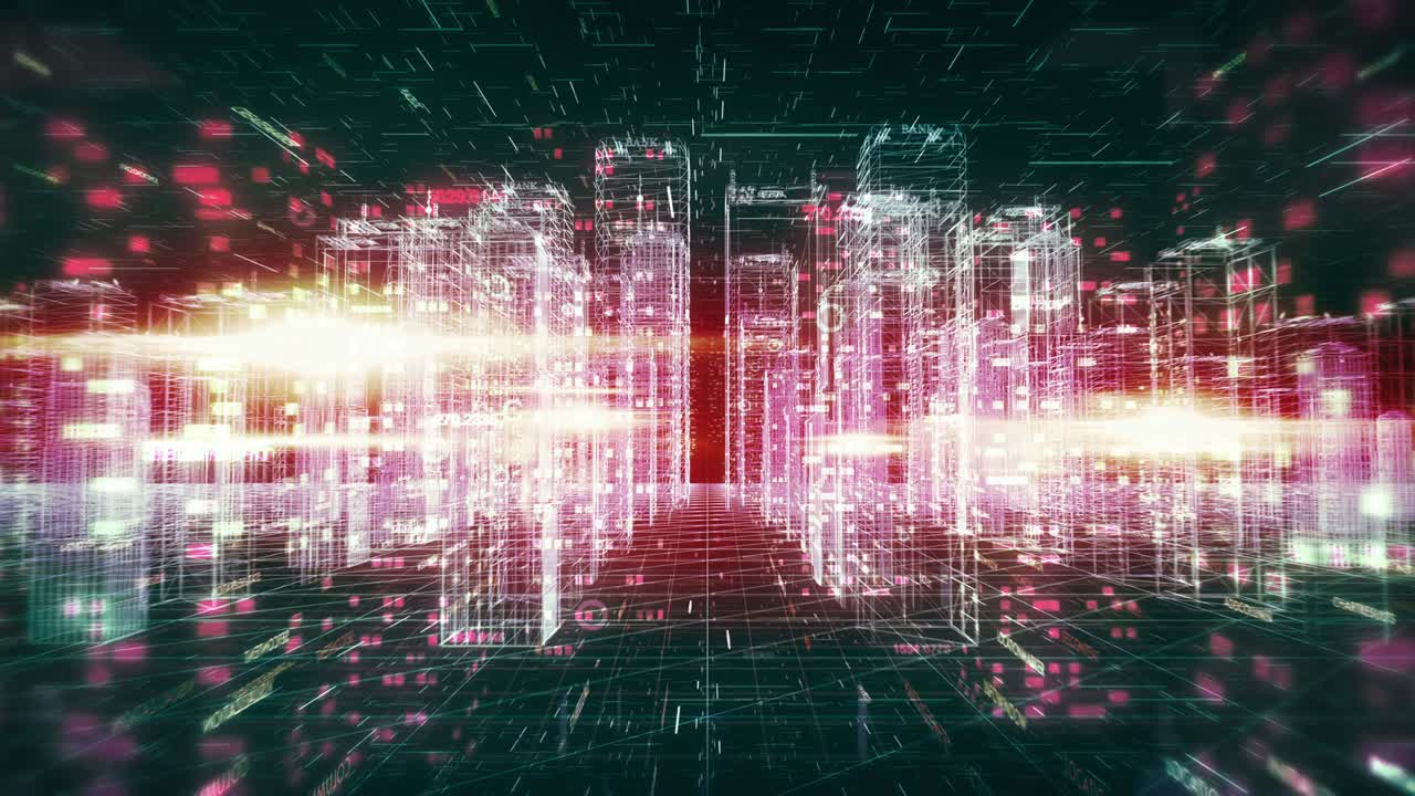 항공 도시 비행 애니메이션: 디지털 숫자를 가진 3d 미래의 마천루