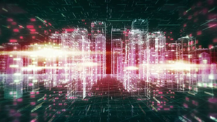 Aerial city flight animation. 3D futuristic skyscrapers with digital numbers
