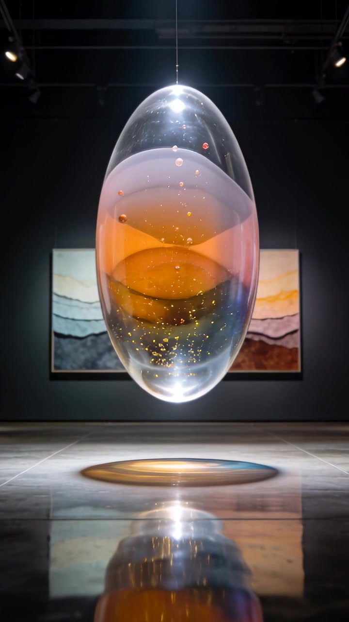 Video verticale: Scultura di vetro ovale che ruota in una galleria buia, mostrando fasce pastello e pagliuzze d'oro.