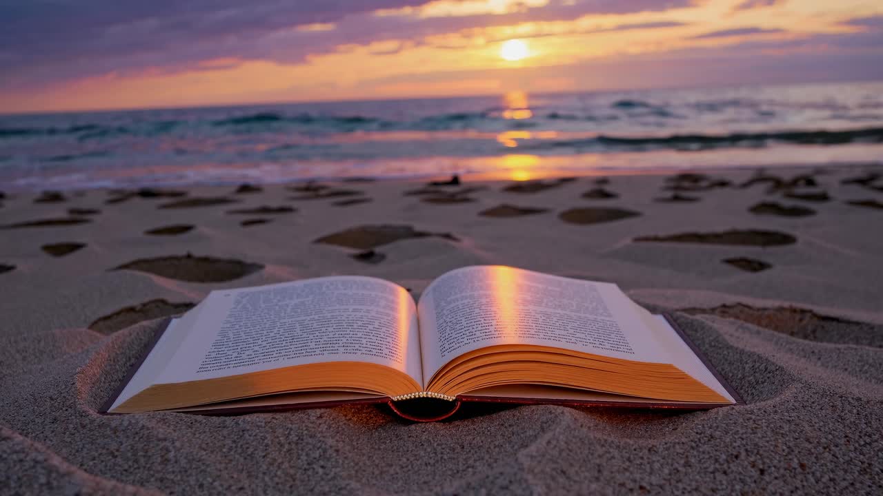 Un fermo immagine video sereno di un libro aperto su una spiaggia sabbiosa al tramonto, ripreso dal basso.