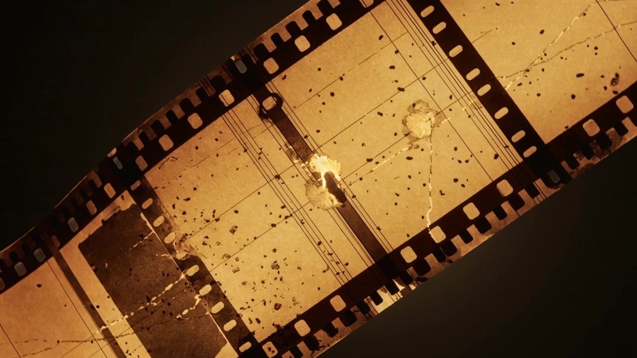 Avanzamento fotogramma che muove una pellicola su un tavolo luminoso in studio, rivelando i fori di trascinamento e tre segni.