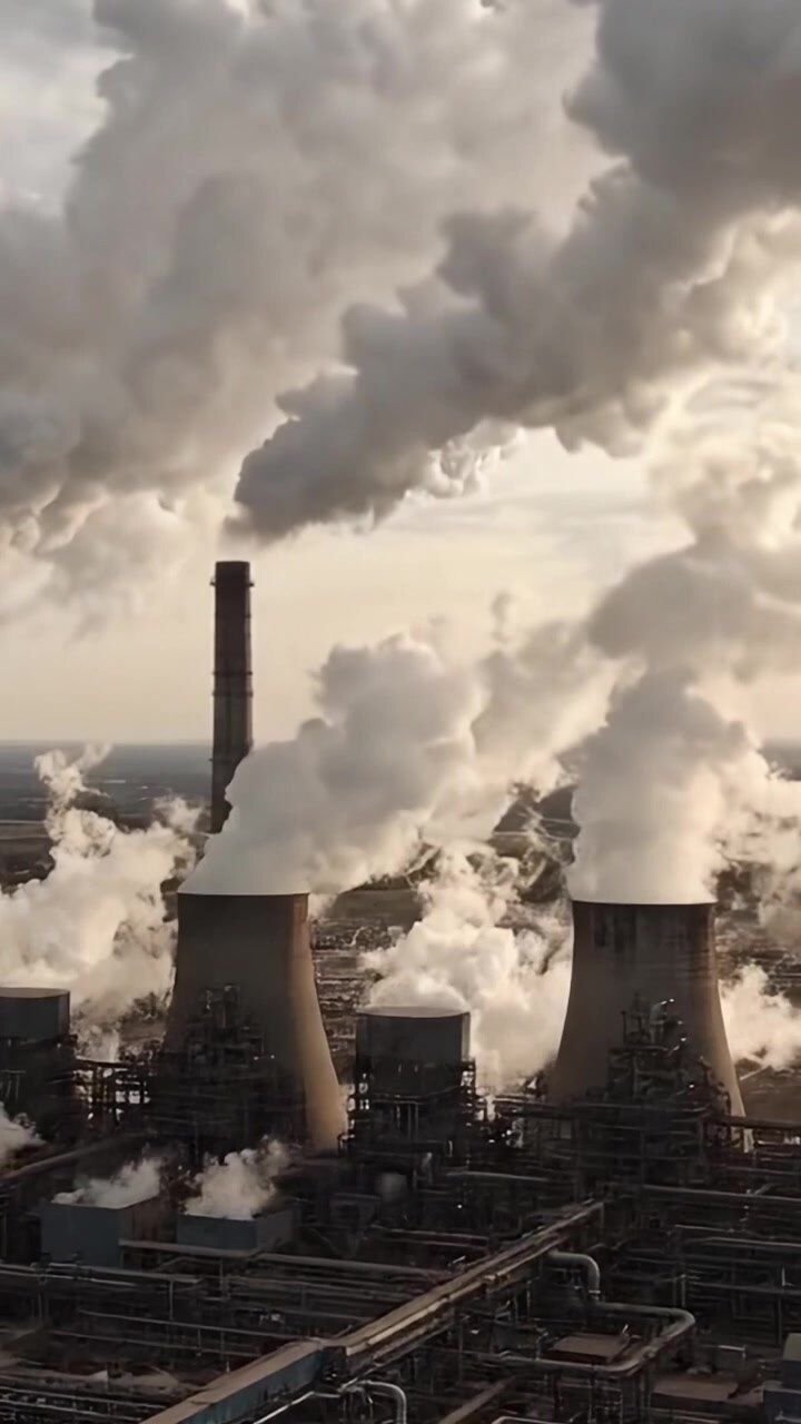 Industrial Complex Emitting Plumes of Steam and Smoke in a Power Plant Setting, Showcasing Heavy Machinery and Pollution Structures Against the Background of a Cloudy Sky