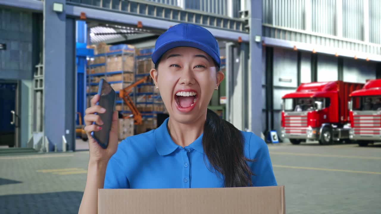 Close Up Of Asian Female Courier In Blue Uniform Looking At Smartphone And Celebrating The Succeed While Delivering A Carton, Outside Warehouse