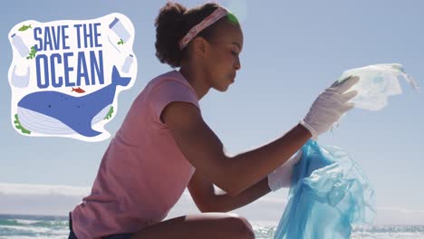 animation of save the ocean text with icons over african american woman cleaning at beach