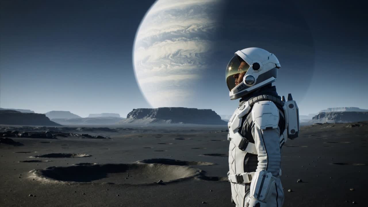 Kameraet nærmer sig, iklædt astronaut justerer visir og studerer en gasgigant midt blandt kratere, med plads til tekst.