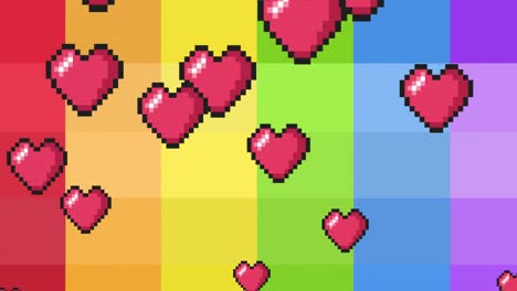 Animation-of-hearts-floating-on-rainbow-background